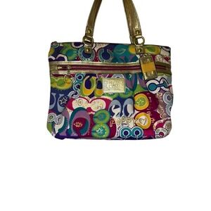 COACH Poppy Graffiti Groovy Multicolor Tote Handbag Metallic Gold Trim Y2K